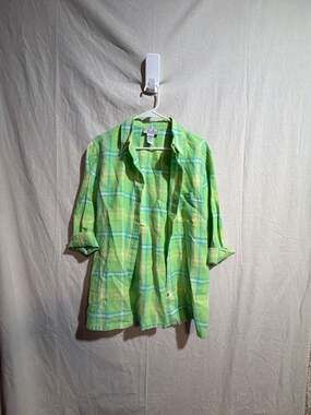 Real Comfort Women's Lime Green Plaid 100% Linen Button Down Shirt
